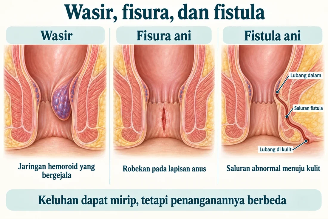 Ilustrasi edukasi wasir dan proktologi untuk fistula ani